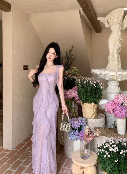 Glittering Sheath Sequins Accent Maxi Dress Vibrant Spaghetti Strap Ruffles Long Dress AP3421