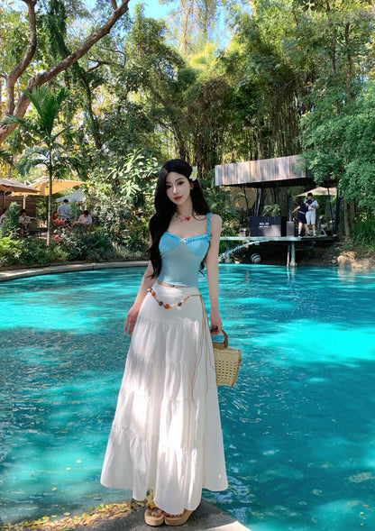 Attractive Two-Piece Spaghetti Strap Maxi Dress Everyday Wear A-Line Bow Ruffles Long Dress AP3422