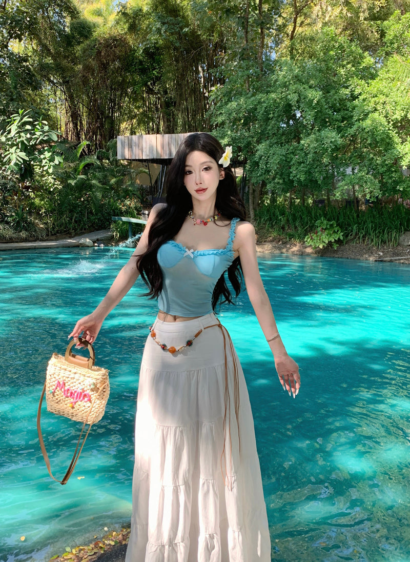 Attractive Two-Piece Spaghetti Strap Maxi Dress Everyday Wear A-Line Bow Ruffles Long Dress AP3422