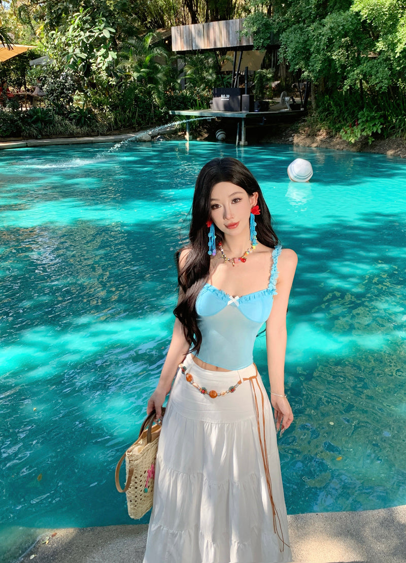 Attractive Two-Piece Spaghetti Strap Maxi Dress Everyday Wear A-Line Bow Ruffles Long Dress AP3422