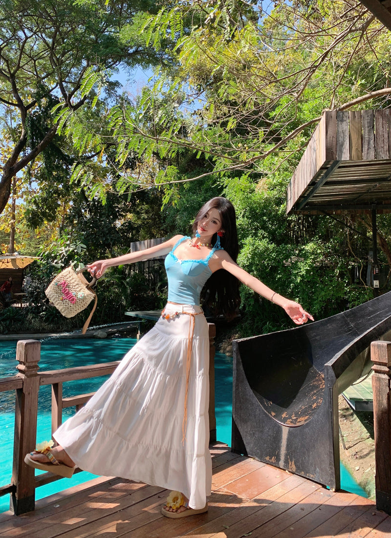 Attractive Two-Piece Spaghetti Strap Maxi Dress Everyday Wear A-Line Bow Ruffles Long Dress AP3422