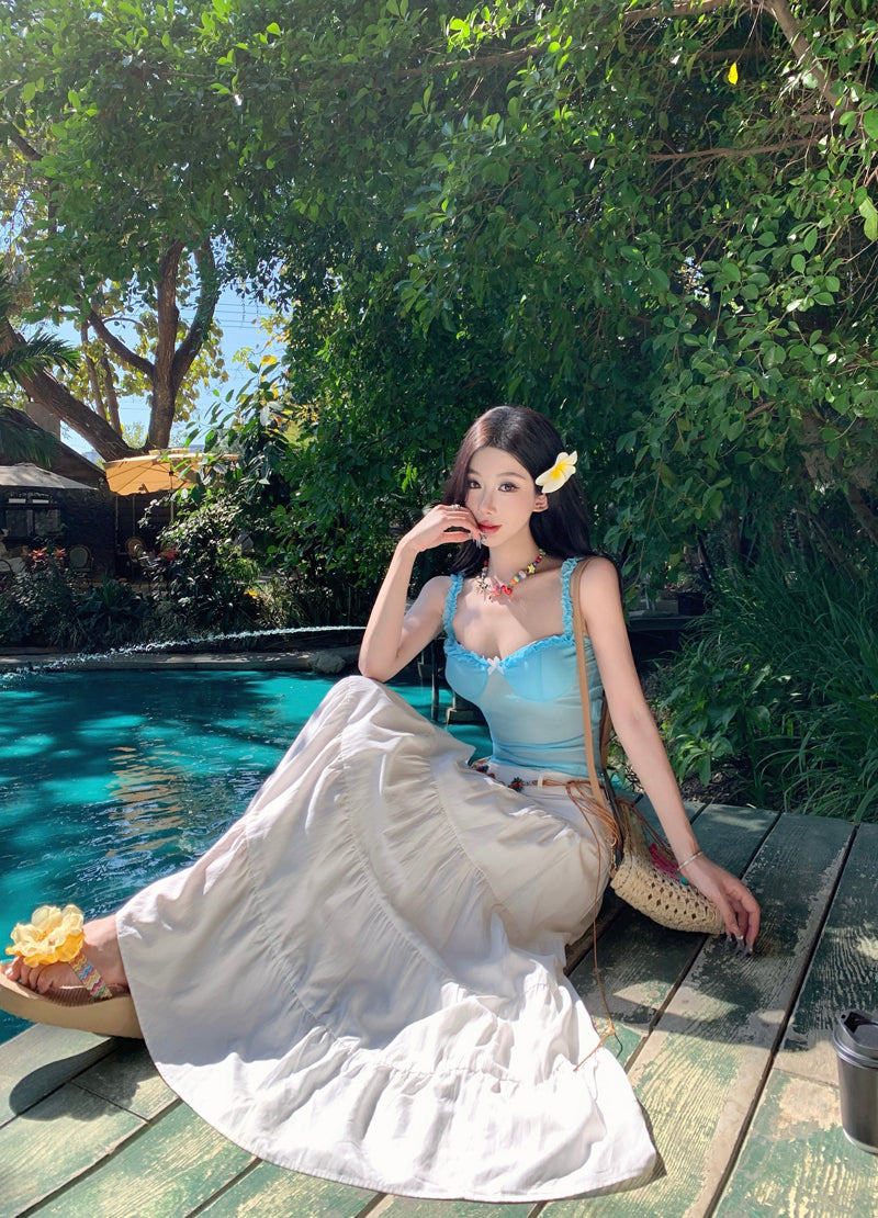 Attractive Two-Piece Spaghetti Strap Maxi Dress Everyday Wear A-Line Bow Ruffles Long Dress AP3422