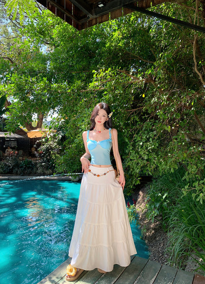 Attractive Two-Piece Spaghetti Strap Maxi Dress Everyday Wear A-Line Bow Ruffles Long Dress AP3422