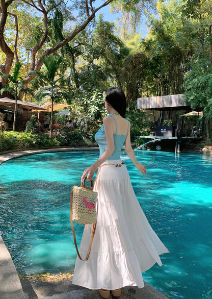 Attractive Two-Piece Spaghetti Strap Maxi Dress Everyday Wear A-Line Bow Ruffles Long Dress AP3422