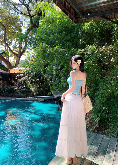 Attractive Two-Piece Spaghetti Strap Maxi Dress Everyday Wear A-Line Bow Ruffles Long Dress AP3422