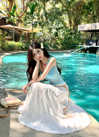 Attractive Two-Piece Spaghetti Strap Maxi Dress Everyday Wear A-Line Bow Ruffles Long Dress AP3422