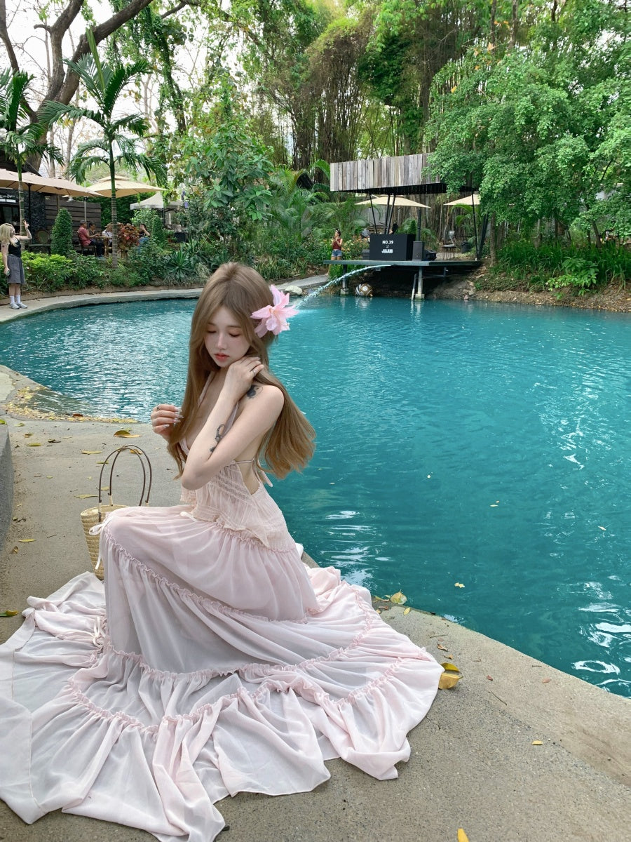 Trendy Deep V Neck 2-Piece Set Maxi Dress Sexy A-Line Flowy Tiered Hem Pink Long Dress AP3423