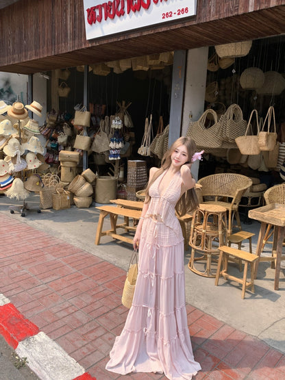 Trendy Deep V Neck 2-Piece Set Maxi Dress Sexy A-Line Flowy Tiered Hem Pink Long Dress AP3423