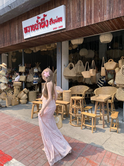 Trendy Deep V Neck 2-Piece Set Maxi Dress Sexy A-Line Flowy Tiered Hem Pink Long Dress AP3423