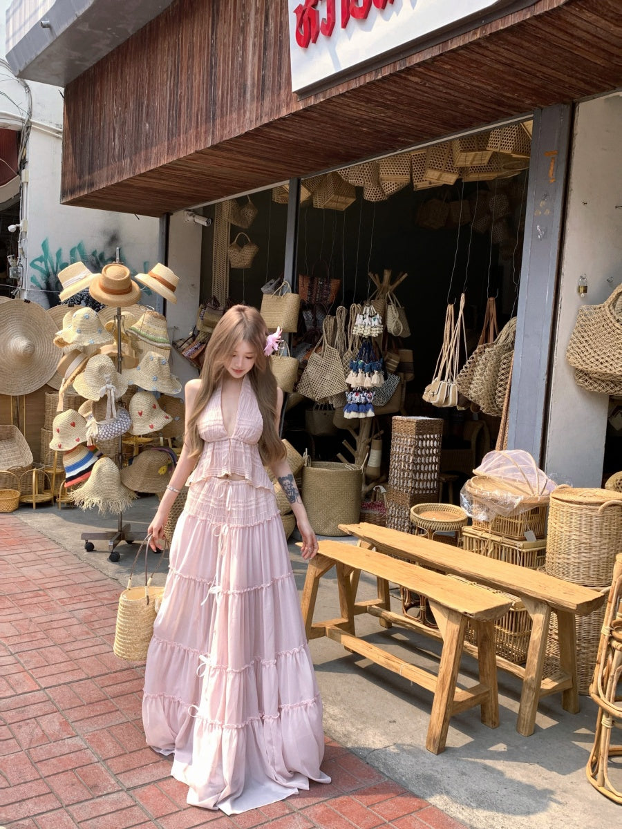 Trendy Deep V Neck 2-Piece Set Maxi Dress Sexy A-Line Flowy Tiered Hem Pink Long Dress AP3423