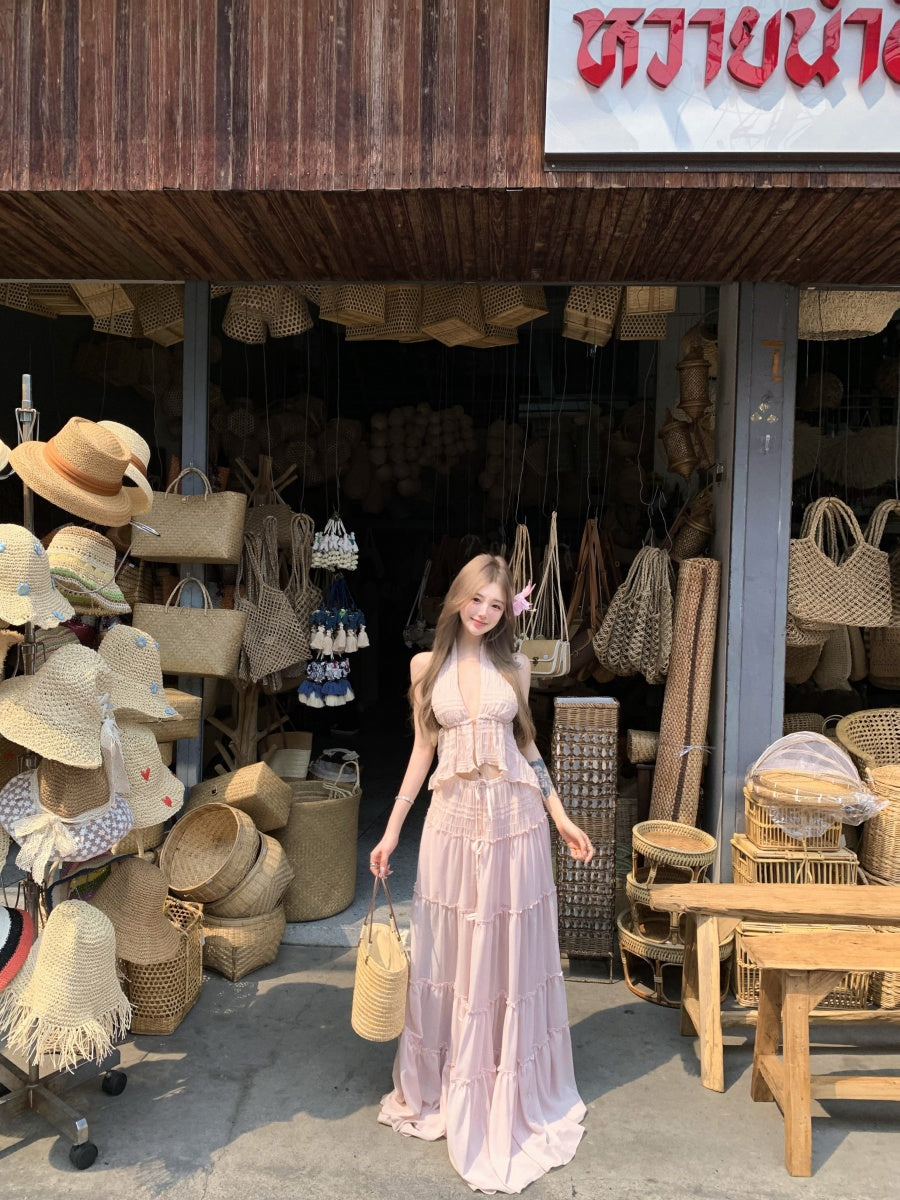 Trendy Deep V Neck 2-Piece Set Maxi Dress Sexy A-Line Flowy Tiered Hem Pink Long Dress AP3423