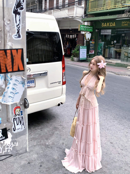 Trendy Deep V Neck 2-Piece Set Maxi Dress Sexy A-Line Flowy Tiered Hem Pink Long Dress AP3423