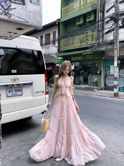 Trendy Deep V Neck 2-Piece Set Maxi Dress Sexy A-Line Flowy Tiered Hem Pink Long Dress AP3423