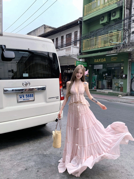 Trendy Deep V Neck 2-Piece Set Maxi Dress Sexy A-Line Flowy Tiered Hem Pink Long Dress AP3423