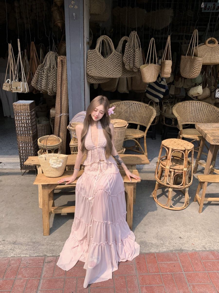 Trendy Deep V Neck 2-Piece Set Maxi Dress Sexy A-Line Flowy Tiered Hem Pink Long Dress AP3423