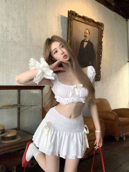 Flattering A-Line Square Neck White Mini Skirt Sexy Bows 2-Piece Set Ruffles Tiered Short Dress AP3424