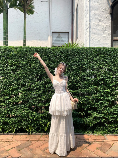 Fitted White Two-Piece Spaghetti Strap Maxi Dress Elegant A-Line Tiered Lace Hem Long Dress AP3425