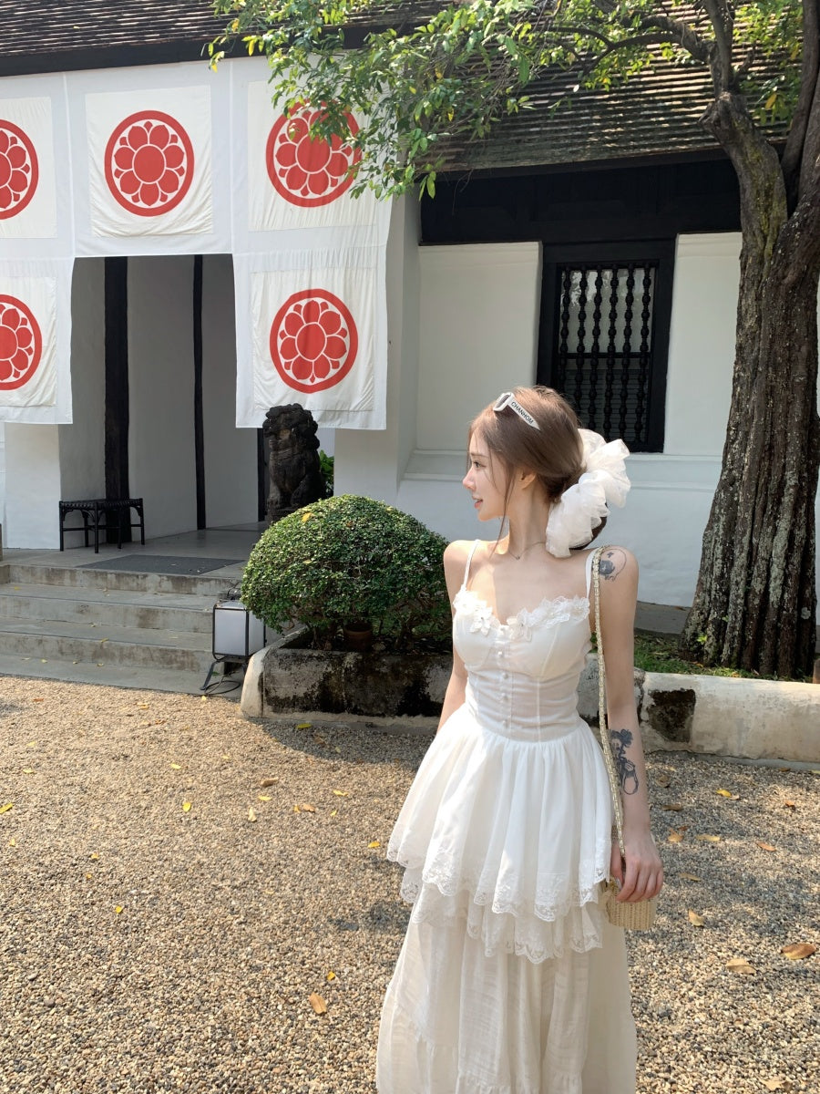 Fitted White Two-Piece Spaghetti Strap Maxi Dress Elegant A-Line Tiered Lace Hem Long Dress AP3425