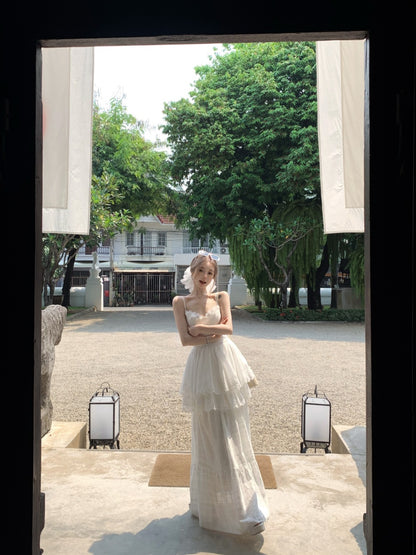 Fitted White Two-Piece Spaghetti Strap Maxi Dress Elegant A-Line Tiered Lace Hem Long Dress AP3425