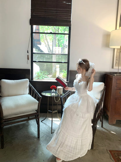 Fitted White Two-Piece Spaghetti Strap Maxi Dress Elegant A-Line Tiered Lace Hem Long Dress AP3425