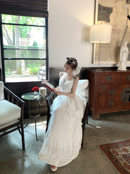 Fitted White Two-Piece Spaghetti Strap Maxi Dress Elegant A-Line Tiered Lace Hem Long Dress AP3425