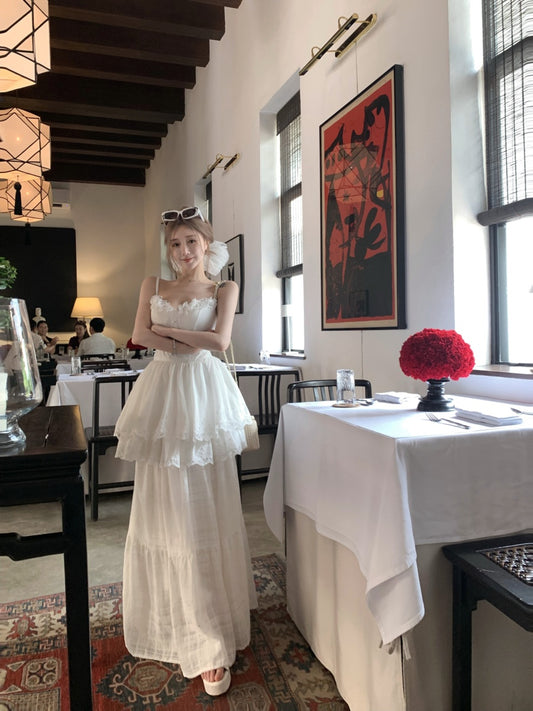 Fitted White Two-Piece Spaghetti Strap Maxi Dress Elegant A-Line Tiered Lace Hem Long Dress AP3425