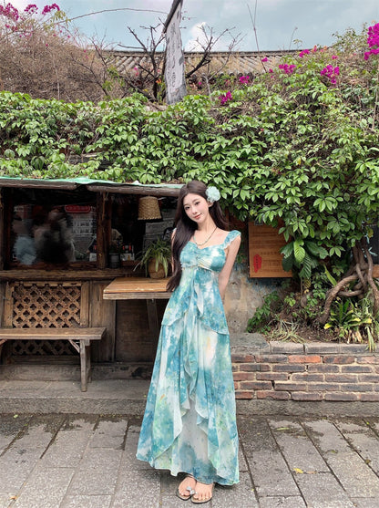 Stylish A-Line Tie-Dye Vacay Outfit Maxi Dress Vintage Spaghetti Strap Tassel Ruffles Long Dress AP3426