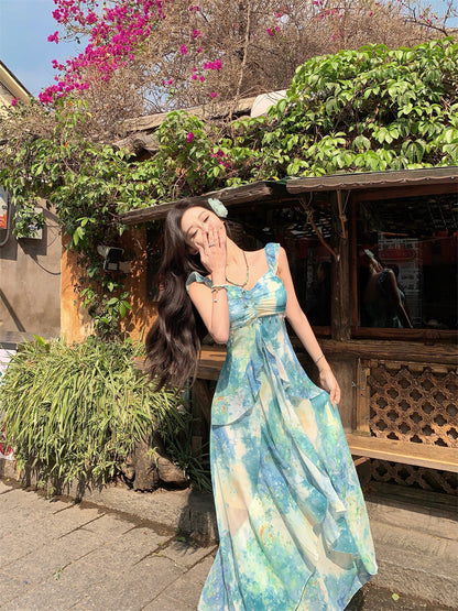 Stylish A-Line Tie-Dye Vacay Outfit Maxi Dress Vintage Spaghetti Strap Tassel Ruffles Long Dress AP3426