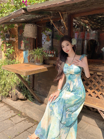 Stylish A-Line Tie-Dye Vacay Outfit Maxi Dress Vintage Spaghetti Strap Tassel Ruffles Long Dress AP3426