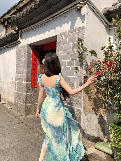 Stylish A-Line Tie-Dye Vacay Outfit Maxi Dress Vintage Spaghetti Strap Tassel Ruffles Long Dress AP3426