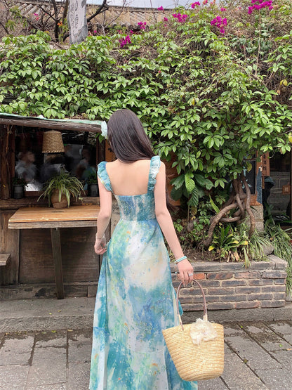 Stylish A-Line Tie-Dye Vacay Outfit Maxi Dress Vintage Spaghetti Strap Tassel Ruffles Long Dress AP3426