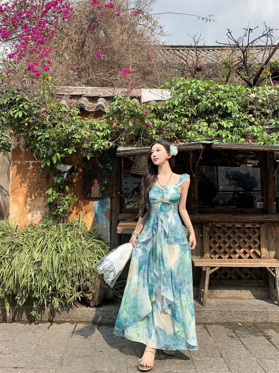 Stylish A-Line Tie-Dye Vacay Outfit Maxi Dress Vintage Spaghetti Strap Tassel Ruffles Long Dress AP3426