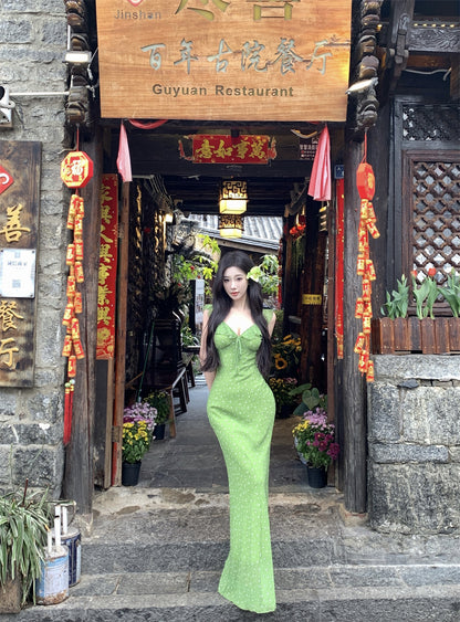 Playful Ruffles V-Neck Green Maxi Dress Enticing Sheath Floral Print Double Layers Long Dress AP3427