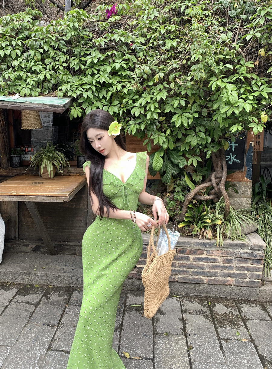 Playful Ruffles V-Neck Green Maxi Dress Enticing Sheath Floral Print Double Layers Long Dress AP3427