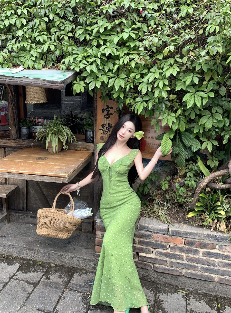 Playful Ruffles V-Neck Green Maxi Dress Enticing Sheath Floral Print Double Layers Long Dress AP3427