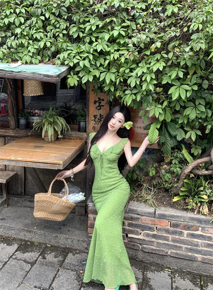 Playful Ruffles V-Neck Green Maxi Dress Enticing Sheath Floral Print Double Layers Long Dress AP3427
