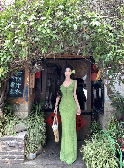 Playful Ruffles V-Neck Green Maxi Dress Enticing Sheath Floral Print Double Layers Long Dress AP3427