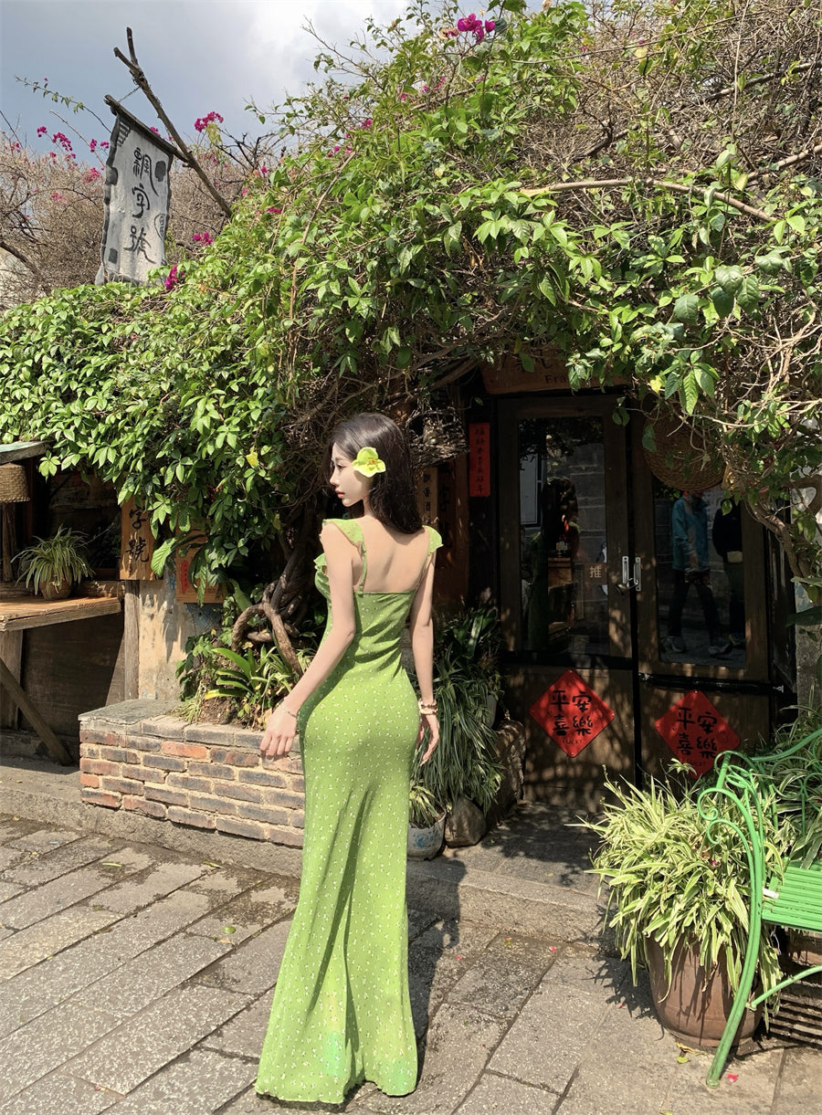 Playful Ruffles V-Neck Green Maxi Dress Enticing Sheath Floral Print Double Layers Long Dress AP3427