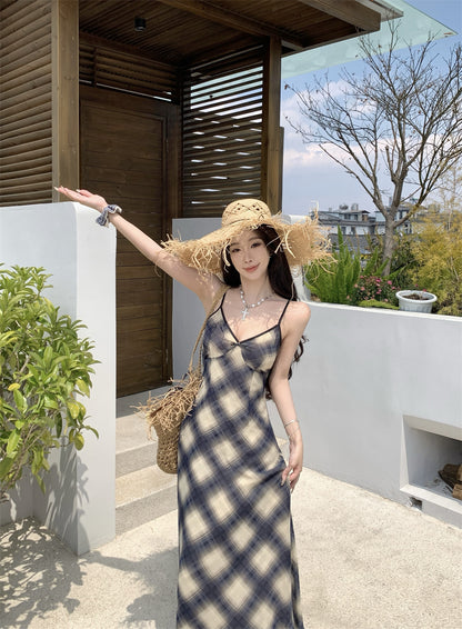 Adorable Plaid V-Neck Maxi Dress Boho-Style A-Line Bow Accent Waist-Cinching Long Dress AP3428