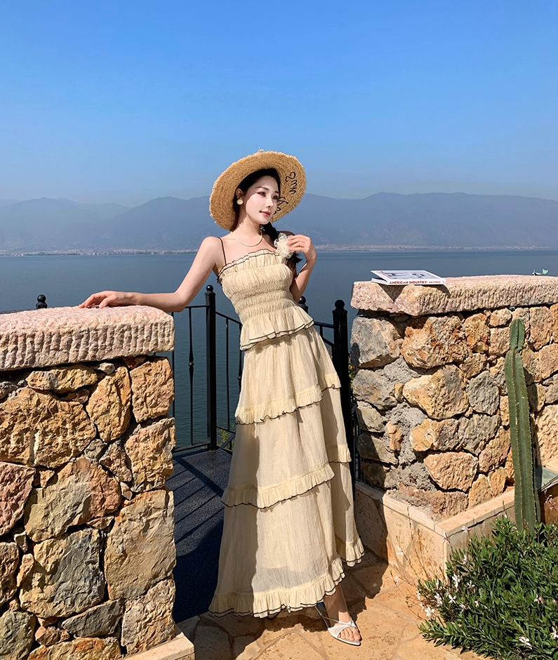 Flowy 2-Piece Set Spaghetti Strap Ruffles Maxi Dress French-Style A-Line Tiered Waist-Cinching Long Dress AP3429