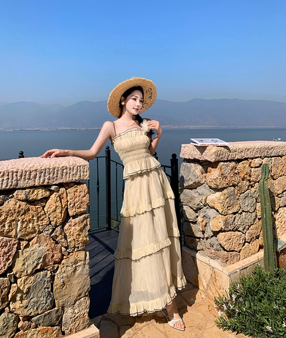 Flowy 2-Piece Set Spaghetti Strap Ruffles Maxi Dress French-Style A-Line Tiered Waist-Cinching Long Dress AP3429