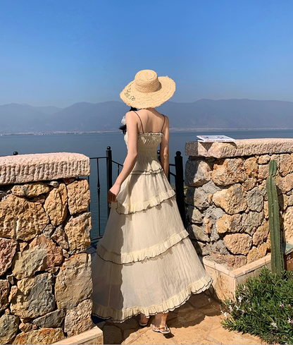 Flowy 2-Piece Set Spaghetti Strap Ruffles Maxi Dress French-Style A-Line Tiered Waist-Cinching Long Dress AP3429