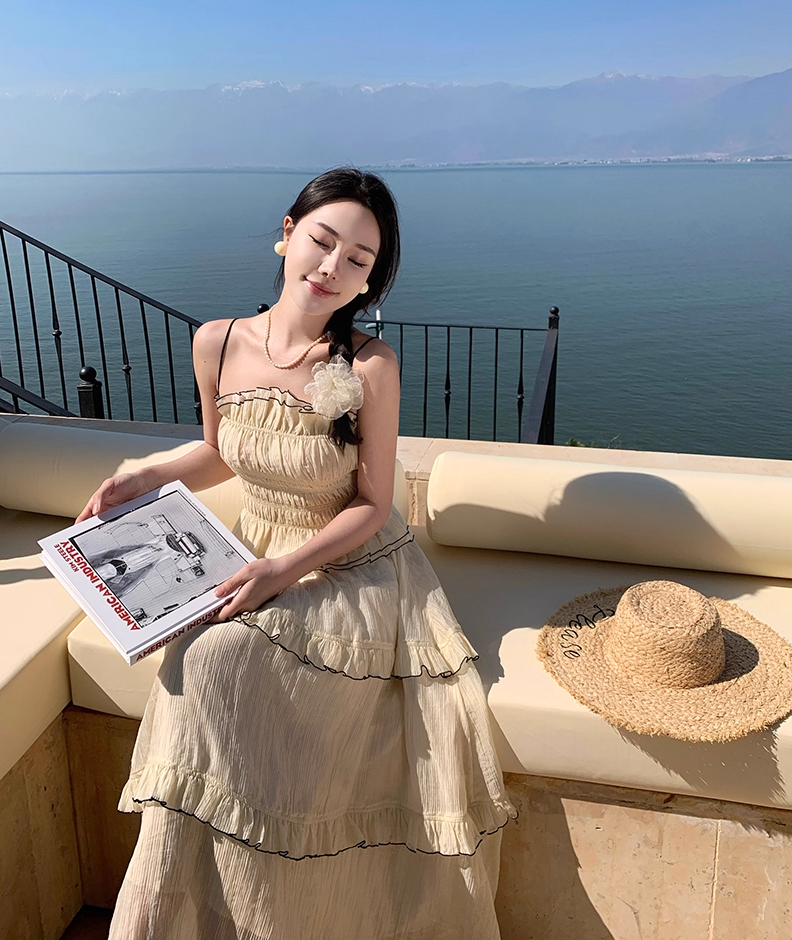 Flowy 2-Piece Set Spaghetti Strap Ruffles Maxi Dress French-Style A-Line Tiered Waist-Cinching Long Dress AP3429