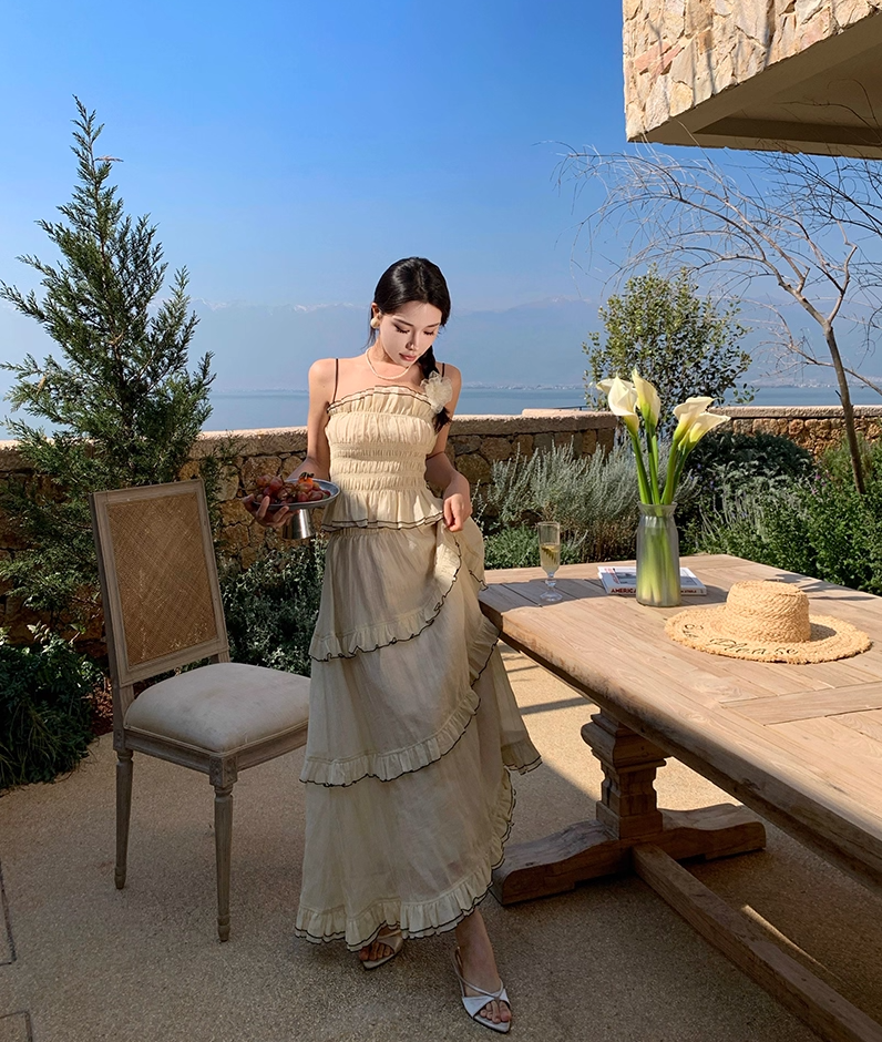 Flowy 2-Piece Set Spaghetti Strap Ruffles Maxi Dress French-Style A-Line Tiered Waist-Cinching Long Dress AP3429