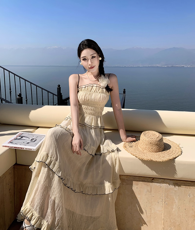 Flowy 2-Piece Set Spaghetti Strap Ruffles Maxi Dress French-Style A-Line Tiered Waist-Cinching Long Dress AP3429