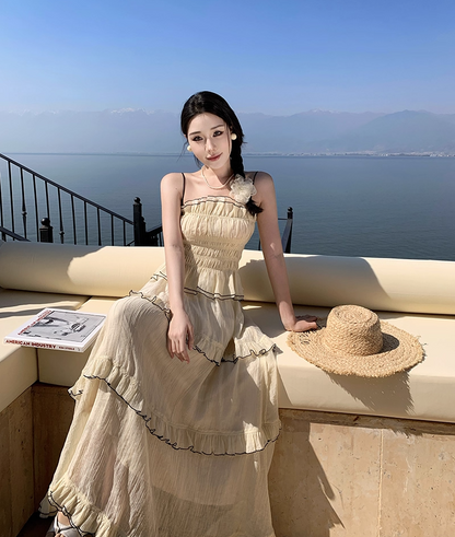 Flowy 2-Piece Set Spaghetti Strap Ruffles Maxi Dress French-Style A-Line Tiered Waist-Cinching Long Dress AP3429