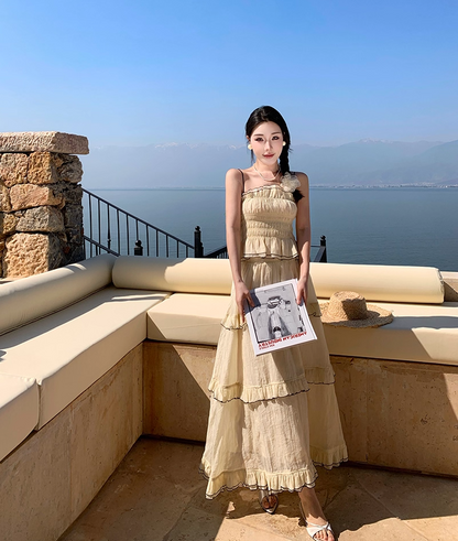 Flowy 2-Piece Set Spaghetti Strap Ruffles Maxi Dress French-Style A-Line Tiered Waist-Cinching Long Dress AP3429