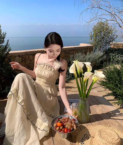 Flowy 2-Piece Set Spaghetti Strap Ruffles Maxi Dress French-Style A-Line Tiered Waist-Cinching Long Dress AP3429