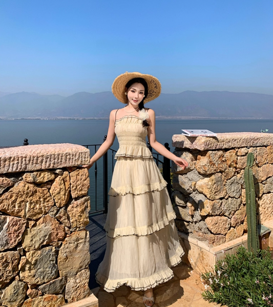 Flowy 2-Piece Set Spaghetti Strap Ruffles Maxi Dress French-Style A-Line Tiered Waist-Cinching Long Dress AP3429