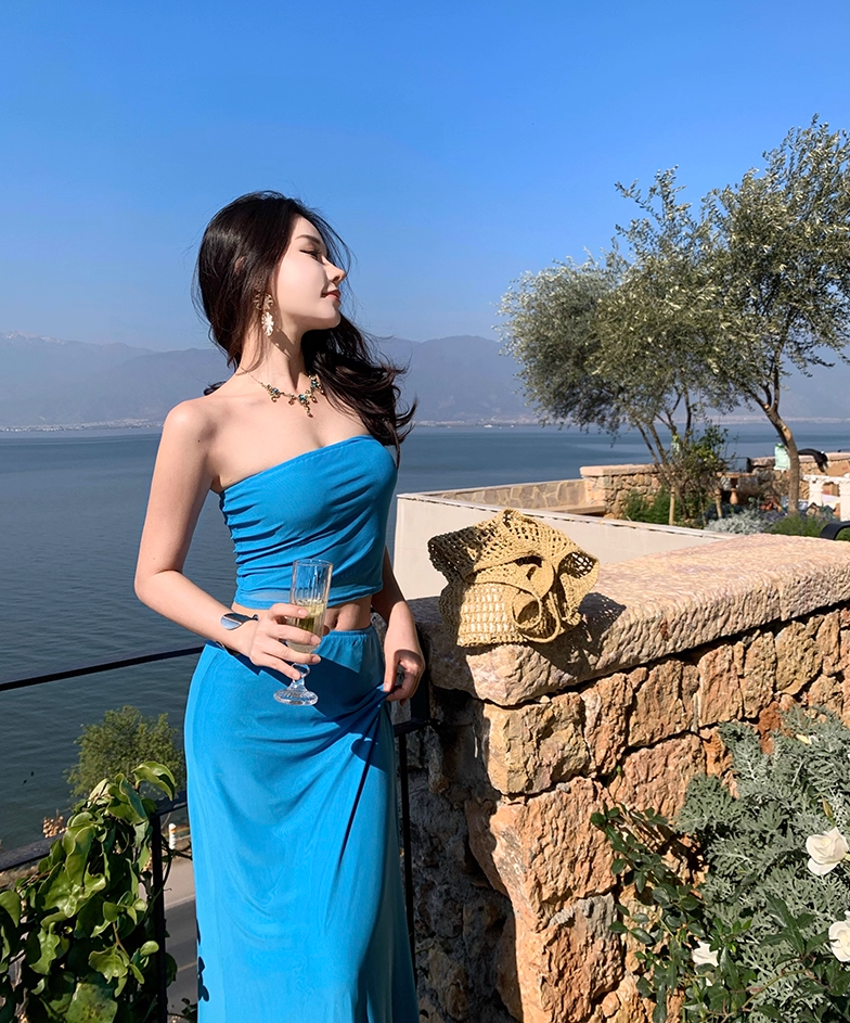 Dopamine Style Sheath Strapless Maxi Dresses Chic Tube Top Flowy Skirt 2-Piece Set Blue Long Dress AP3430